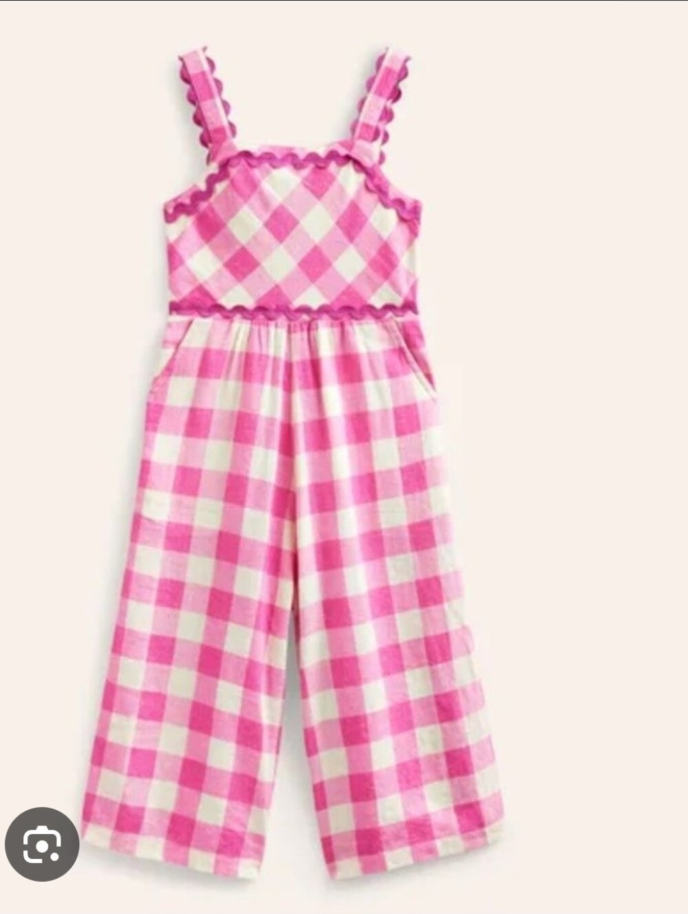 Mini Boden Pink and White Gingham Wide-Leg Jumpsuit